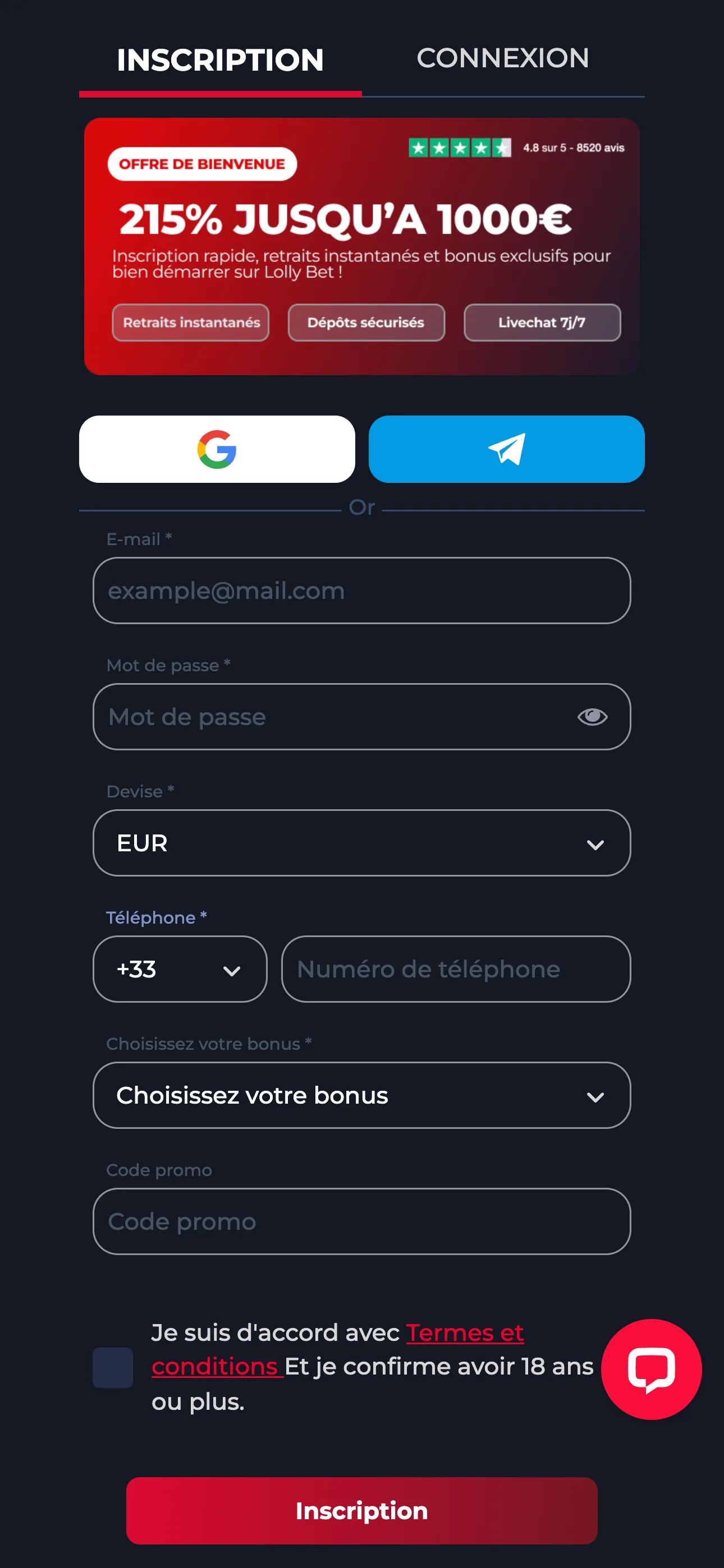 Inscription Lolly Bet sur mobile avec formulaire et compte joueur