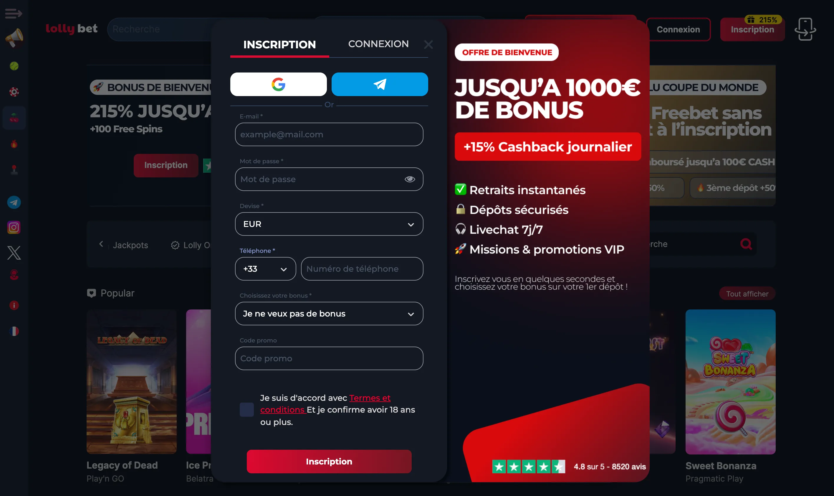 Formulaire d’inscription Lolly Bet Casino avec profil joueur et accès au dépôt